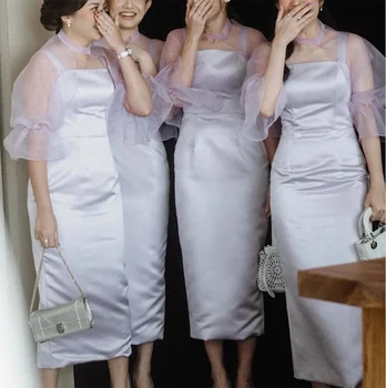 Yarım Kollu Kılıf gelinlik modelleri Çay Boyu Robe de soirée Saten Abiye Düğün Konuk Elbiseler Kadınlar için