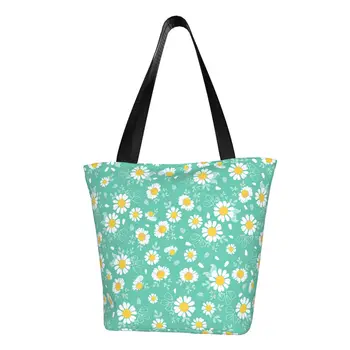 Yeniden kullanılabilir Vintage Papatya Çiçek alışveriş çantası Kadın Tuval kol çantası Çantası Dayanıklı Papatyalar Çiçek Bakkal Alışveriş Çantaları
