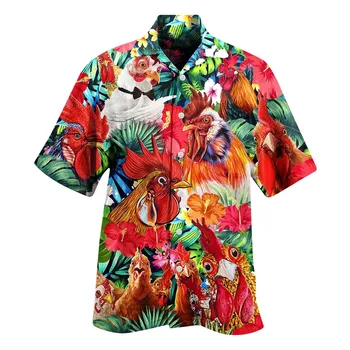Erkek İlkbahar Yaz Casual Horoz Desen Baskı Hawaii Yaka Kısa Kollu Tatil Bluz Üst Harajuku Camisas Para Hombre