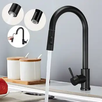 Pull Out Mutfak lavabo musluğu Siyah Sıcak Soğuk Su Duş Musluklar Güverte Üstü 360 Rotasyon 2 Modları Su Çıkışı Bacalı Tek Kolu