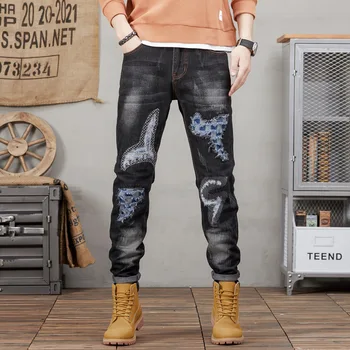 2023 Yeni Streetwear Moda Kot Erkekler İçin Retro Siyah Elastik Slim Fit Yırtık Kot Erkekler Eklenmiş Tasarımcı Hip Hop Kot pantolon