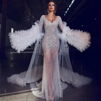 Sıcak Satış Tül Kristaller Akşam Elbise Payetli Tül Seksi Şal Balo elbisesi Zarif V Yaka Resmi DressVestido De Festa