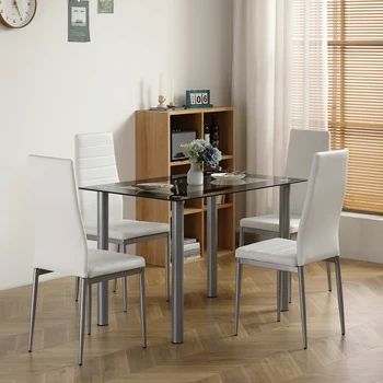 Mutfak ve Yemek Odası için Uygun 1 adet Siyah Sarılı Cam Yemek Masası ve 4 adet PVC Beyaz Sandalye ile Donatılmış 5'li Yemek Masası Takımı
