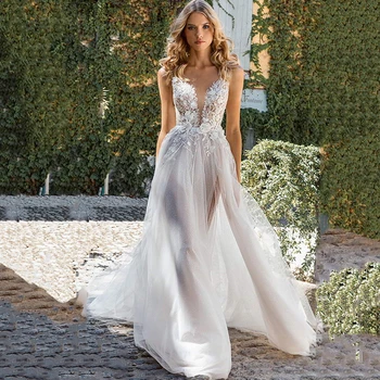 2021 Yeni Moda Boho düğün elbisesi Dantel Çiçekler Vintage Düğün gelinlikler Elbiseler Bölünmüş Yan Glitter Tül Illusion Mariage