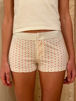 Tatlı Kalp Baskı Patchwork Şort Kadın Rahat Elastik Yüksek Bel Pamuk Yaz Tişörtü Vintage Sevimli Düğme kısa pantolon Y2k