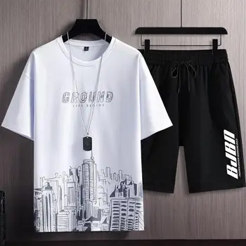 2022 Yaz erkek Eşofman 2 Parça Set Moda Rahat Düz Kısa Kollu tişört ve Şort Spor Takım Elbise Nefes Erkek Giyim