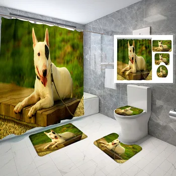4 Adet Bull Terrier duş perde seti s Kaymaz Kilimler Mat Tuvalet Kapağı Komik Sevimli Beyaz Köpek Su Geçirmez Duş perde seti