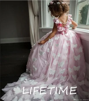 Çiçek Kız Elbise Düğün İçin 3D Kelebek İlk Communion Elbise Parti Balo Prenses Elbise Pageant Elbise