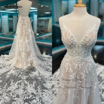 Lakshmigown Lüks Şampanya Boho düğün elbisesi Dantel Boncuklu 2023 Vestidos Seksi Gelin V Boyun Plaj Gelinlikler Uzun Tren