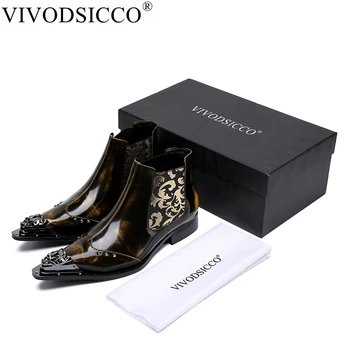 VIVODSICCO Moda lüks erkek botları Hakiki Deri yarım çizmeler Erkekler ıçin İtalyan Iş Perçinler Elbise Ayakkabı Slip-On kovboy çizmeleri
