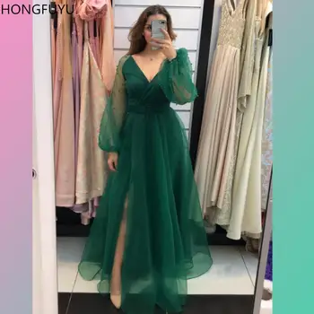 HONGFUYU Yan Yarık Seksi A-line balo kıyafetleri 2022 Uzun Kollu robe de soiree longo V Yaka Tül Abiye giyim Kadınlar için parti