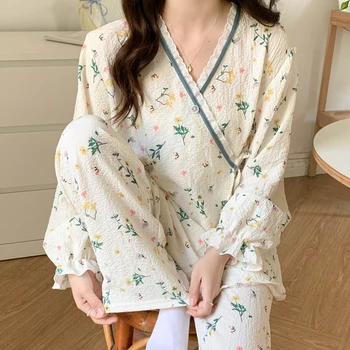 Çiçek Baskılı Bayanlar Kimono Tarzı Pijama Seti Gevşek İnce V Yaka Uzun Kollu Gazlı Bez Pamuk 2 Adet Pijama Gevşek Gecelik