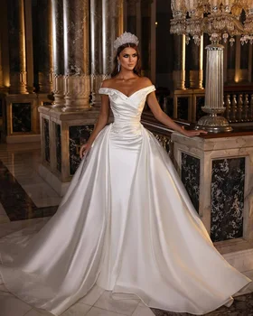 Roseca Ye Kapalı Omuz V Yaka Gelin Saten Abiye 2023 Fildişi Basit Modern düğün elbisesi Tren İle Kolsuz Vestidos Novia