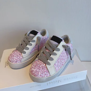 Kızlar Altın Pembe Kızların Glitter spor ayakkabılar Pembe Süperstar Glitter Eski Okul Pullu Sevimli Dantel-up Sneakers