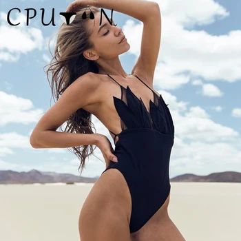 CPUTAN 2023 Yeni Seksi Siyah Katı 3D Çiçek Tek Parça Mayo Kadınlar Backless Mayo Beachwear Yaz Monokini Mayo