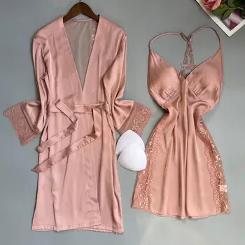 Yeni Twinset Bornoz Seti Yaz Kadın dantel kesik dekolte Kimono Bornoz Elbisesi Takım Elbise Rahat Ipeksi Saten Pijama Ev Giyim Gecelik
