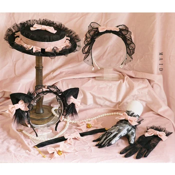 Orijinal el yapımı sevgiliye ev siyah tatlı yay fan kadife iplik nokta Lolita headdress