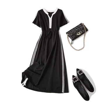 Adies yaz elbisesi yeni Fransız Vintage Gevşek Şerit Kısa Kollu 2023 Büyük Boy 4XL Kadın Parti Akşam Siyah Elbiseler Mujer