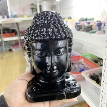 Doğal Siyah Obsidyen Buda Baş Kristal Heykelcik Oyma Budizm Ev Dekorasyon Şifa Meditasyon Reiki Feng Shui 1 adet