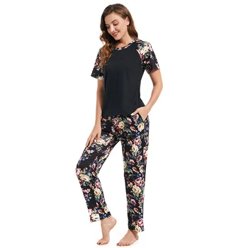 Kadın İlkbahar Sonbahar Örme Pamuklu Pijama Kısa Kollu Uzun Pantolon Baskılı Ev giyim Seti Büyük Boy Rahat Pijama