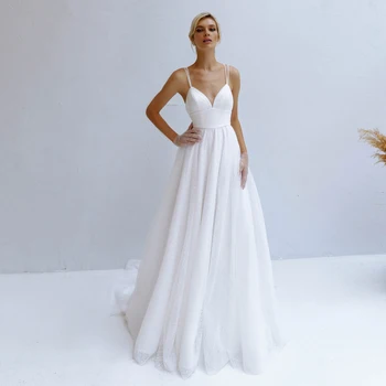 Bir Çizgi Spagetti Sapanlar düğün elbisesi es Seksi İmparatorluğu Glitter Tül Sweep Tren Gelin düğün elbisesi Robe de Mariee