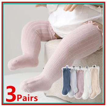 Yeni 3 Pairs Bebek Çorap Erkek Kız Diz Yüksek Çocuklar Fırfırlı Katı pamuklu uzun çorap Bebek Yenidoğan Yaz Çocuk Fırfır Sevimli Çorap