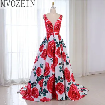 Kırmızı Çiçek Akşam Elbise 2023 Desen Uzun V Boyun Renkli Balo Elbise Örgün Parti Kıyafeti Abendkleider 2020 Vestido robe de soiree