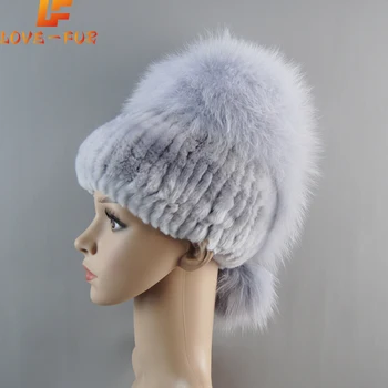 2023 Moda Sıcak Kış Şapka Kadınlar için Gerçek Rex Tavşan Kürk Elastik Örme Kap Tilki Kürk Sonbahar Bonnet kadın bere