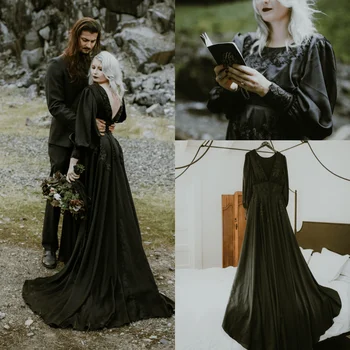 17001 # VANNA A-Line Siyah V Yaka Gotik düğün elbisesi düğün elbisesi Seksi Siyah Dantel Töreni Gelin Elbise Düğmeleri ile Sıcak Satış
