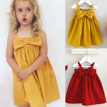 Sevimli Bebek Kız Yaz Sundress İlmek Kısa Mini Yelek Elbise Yürüyor Çocuk Pamuk günlük elbiseler Kolsuz Kıyafet Kırmızı ve Sarı