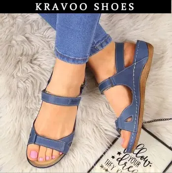 KRAVOO Kadın Yaz Burnu açık Rahat Sandalet Süper Yumuşak Premium Ortopedik Düşük Topuklu Yürüyüş Sandalet Ayak Düzeltici Cusion 43