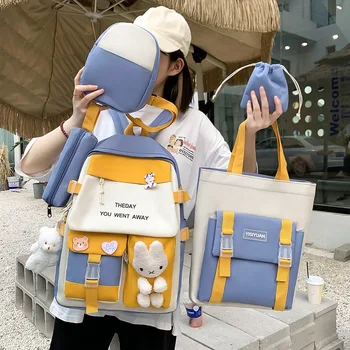 5 Adet Set Öğrenci kız çocuk okul çantası Çok Fonksiyonlu Kitap Çantaları Yüksek Kapasiteli Genç Kız Okul Çantası Kadın Rahat seyahat sırt çantası