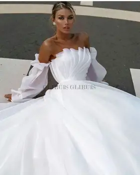 Beyaz Gelinlik Boho Gelinlikler Pileli Puf Uzun Kollu Gelin Elbise Kadınlar Couture Bahar Vestidos