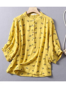 Lamtrip Rustik Çiçekler Yapraklar Baskı Fener Kollu Pamuk İpliği Vintage Mori Kız Gömlek Bluz
