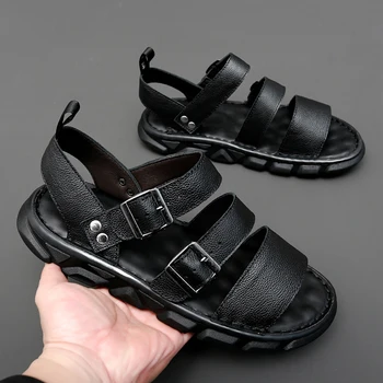 Yeni Yaz 2023 Hakiki Deri Sandalet Erkekler için Siyah Kahverengi Toka Kayış Rahat Kalın Alt erkek ayakkabısı Büyük Boy 39-48