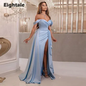 Eightale Tozlu Mavi Akşam Elbise Kapalı Omuz Pleats Yan Yarık Saten Arapça Balo düğün elbisesi PartyRobe De Soirée Femme
