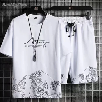 Yaz erkek Eşofman 2 Parça Set Moda Rahat Katı Sıralama Kollu T-Shirt ve Türlü Spor Takım Elbise Nefes Adam Clotin