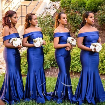 Kraliyet Mavi Saten Elbise Mermaid Zarif Elbise Kadınlar için Düğün Parti Elbiseler Kapalı Omuz Nedime Elbisesi Kadın Düğün