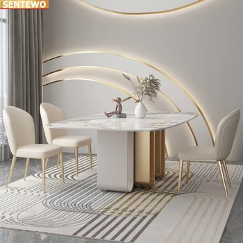 Tasarımcı Lüks yemek odası Mermer Kaya Döşeme yemek masası seti 8 sandalye stolik mobilya meuble marbre Paslanmaz çelik altın taban