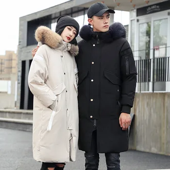 -30 Derece Kış erkek Kalınlaşmak sıcak şişme ceket kadınlar Moda kadın Büyük Kürk Yaka Gevşek Rüzgarlık Uzun Tarzı Çift Aşağı Palto