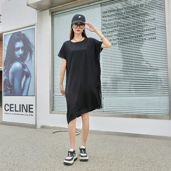230452 Siyah günlük t-shirt elbise Kişilik Gevşek Fermuar Ekleme Yarasa Kanat Kollu Yaz Yeni Sokak moda elbise