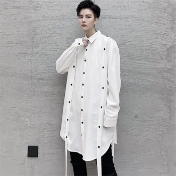 2021 Beyaz Siyah Moda Tasarımcısı Gömlek Erkekler Büyük Boy Uzun Gömlek Kore Tarzı Rahat Bluz Chemise Homme