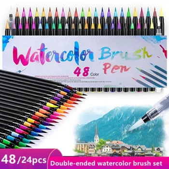 Suluboya fırçası Seti 24/48 Renk Su Bazlı Çizim Marker Fırçalar Su Boyama Çözünür Yetişkin Çocuklar için Kaligrafi Hediyeler