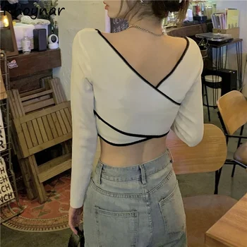 Uzun Kollu T-shirt Kadın Bahar Asimetrik Moda Seksi Patchwork Kulübü Kırpma Üstleri Sıcak Bayanlar Streetwear Genç Eğlence Slim Fit