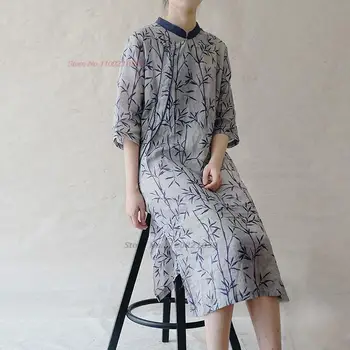 2023 geleneksel vintage qipao ulusal bambu baskı pamuk keten elbise çin geliştirilmiş cheongsam'lar hanfu retro zen elbise qipao