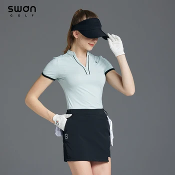 İlkbahar Yaz Golf Kadın Kısa Kollu V Yaka T-shirt İnce Nefes Elastik Golf Üst Bayanlar A-line Etek Kısa Skort İç