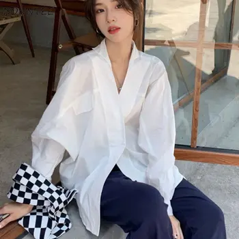 Gömlek Kadın Rahat Temel Katı Tüm Maç Moda Ofis Bayan Şık Mizaç Ins bahar uzun kollu elbise Kore Tarzı Ulzzang Gevşek
