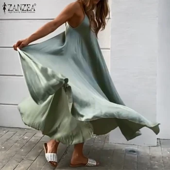 2023 ZANZEA Kadınlar yaz elbisesi Büyük Salıncak Bir Çizgi Elbiseler Tatil Plaj Sundress Seksi Kolsuz Katı Vestidos Parti Robe Femme