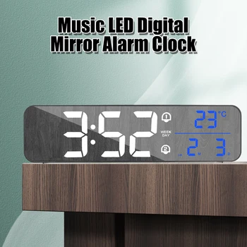 Sıcaklık Tarih Ekran Ses Kontrolü ile dijital alarmlı saat Saat Müzik LED Akıllı Elektronik Masaüstü Ayna Saat