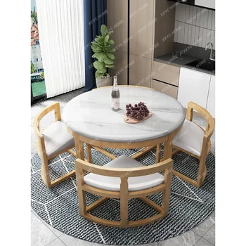 Mermer yemek masaları ve sandalyeler Set Basit Modern Küçük Daire Ev Uzay-Tasarrufu katı ahşap yuvarlak 4-Koltuk yemek masası